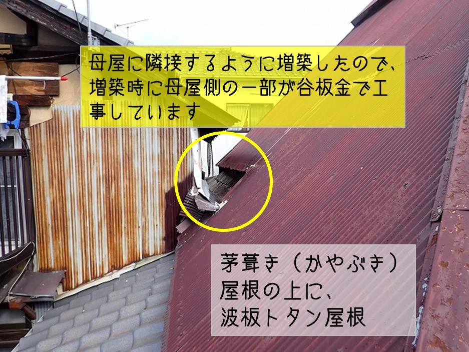広島県坂町　雨漏り調査　谷板金　増築離れ母屋茅葺き波板トタン屋根